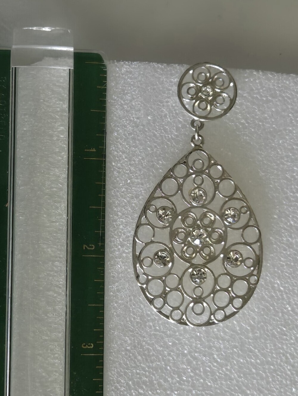 Silver Filigree Teardrop Dangle Earrings with Sparkle - Picture 14 of 16